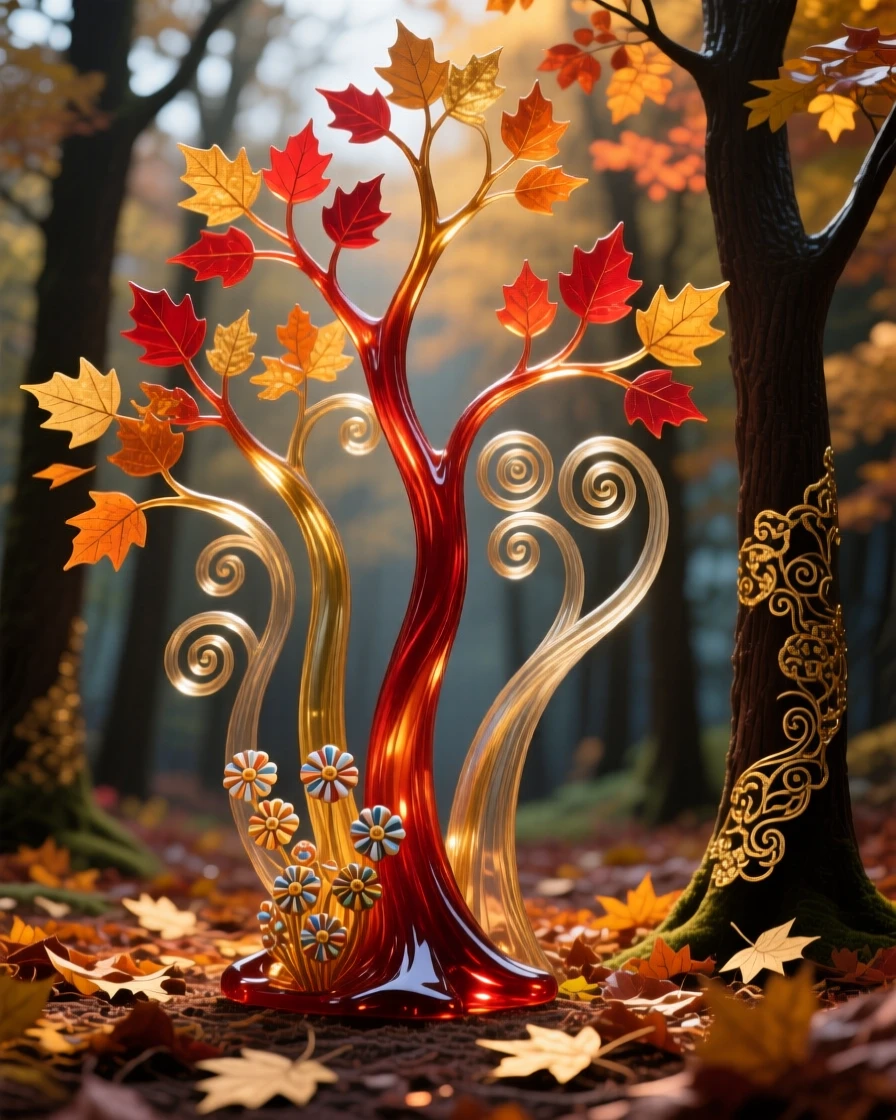 A quiet autumn forest with a carpet of fallen red and gold leaves, warm and nostalgic.