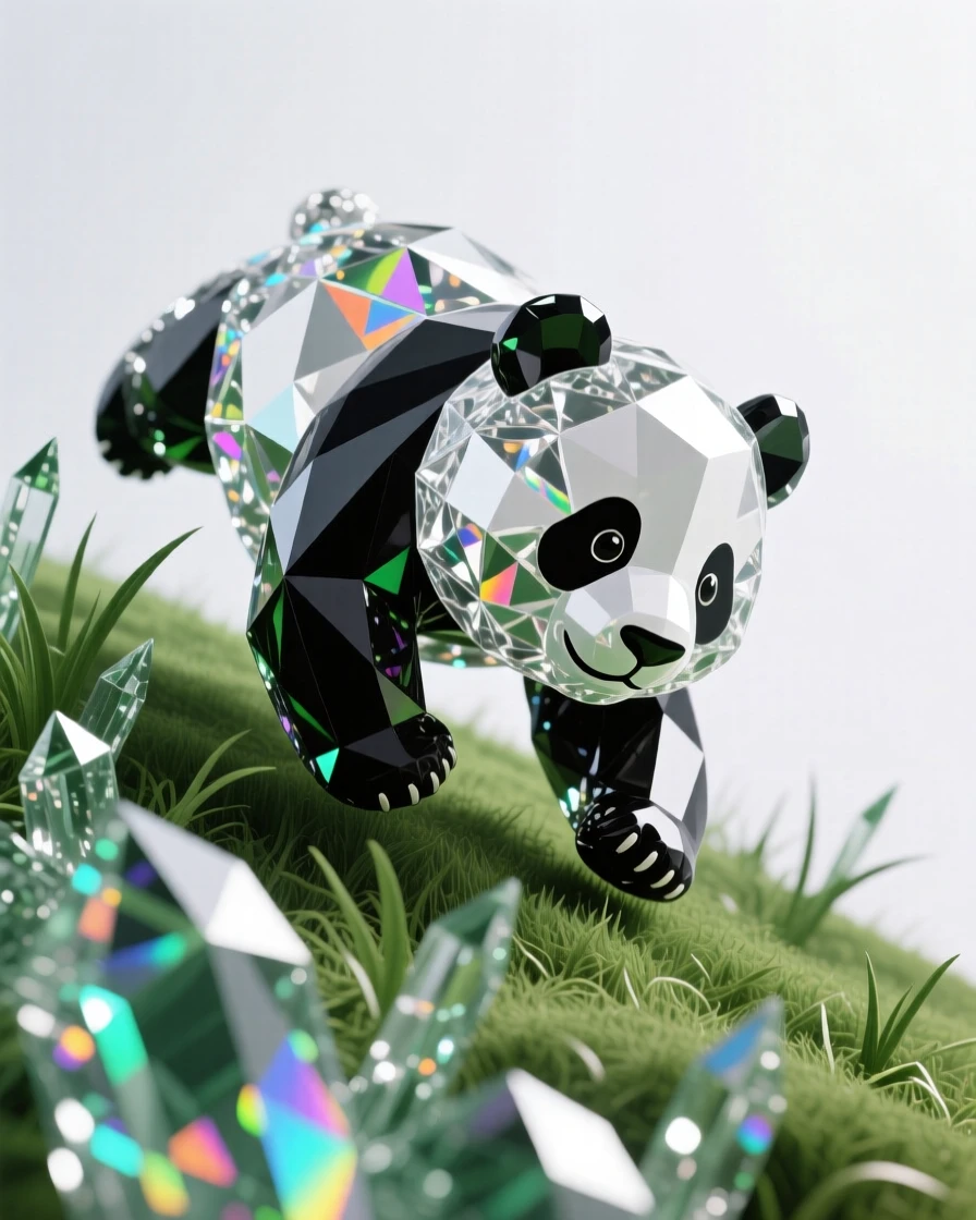 A panda cub tumbling playfully down a grassy hillside.