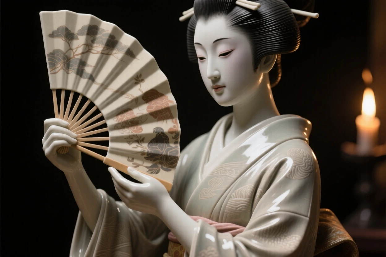 A geisha holding an open fan captured mid-ceremony with solemn dignity, lit by flickering torchlight, stirring a sense of timeless heritage.