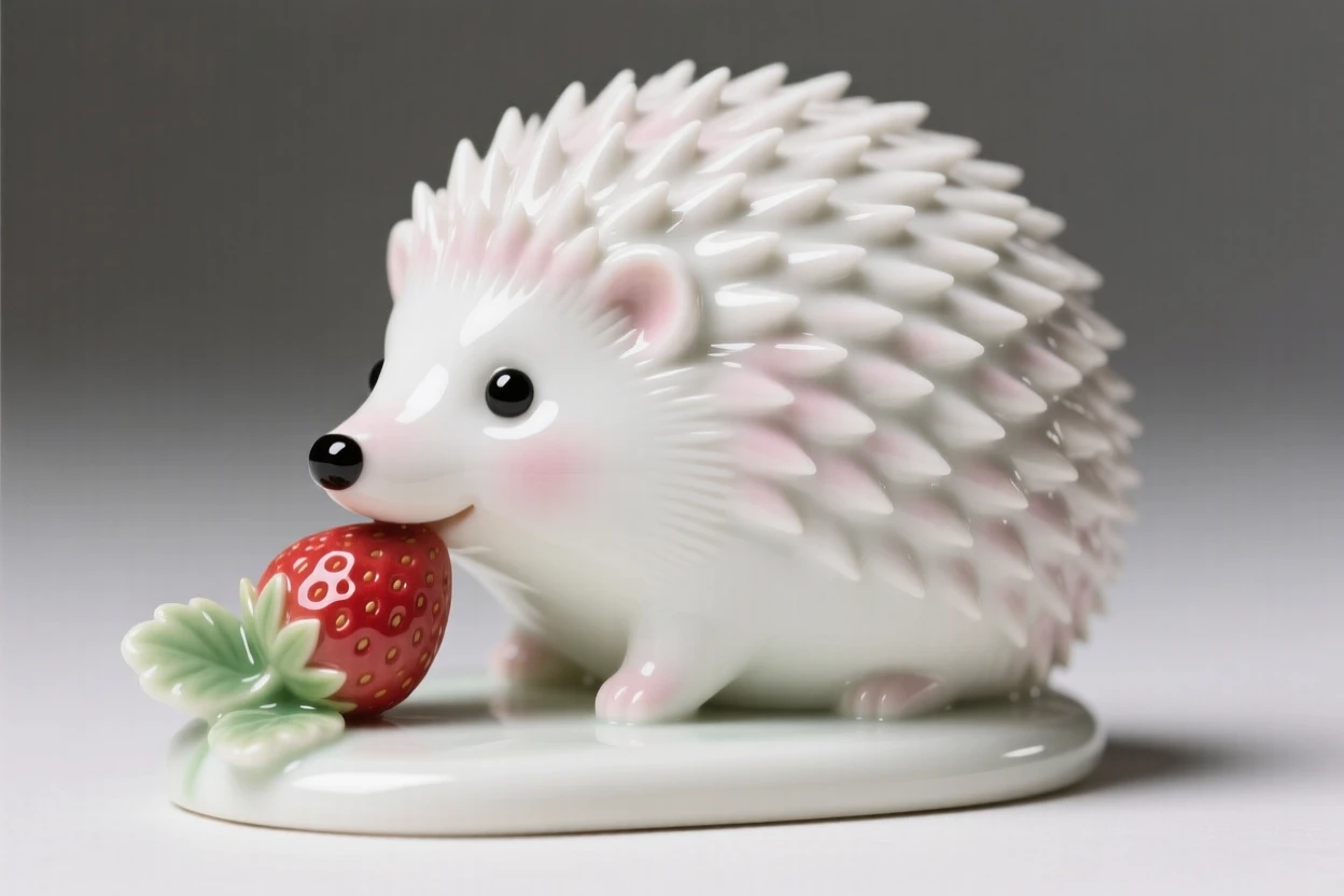 A tiny hedgehog nibbling on a wild strawberry, utterly charming and full of innocent wonder.