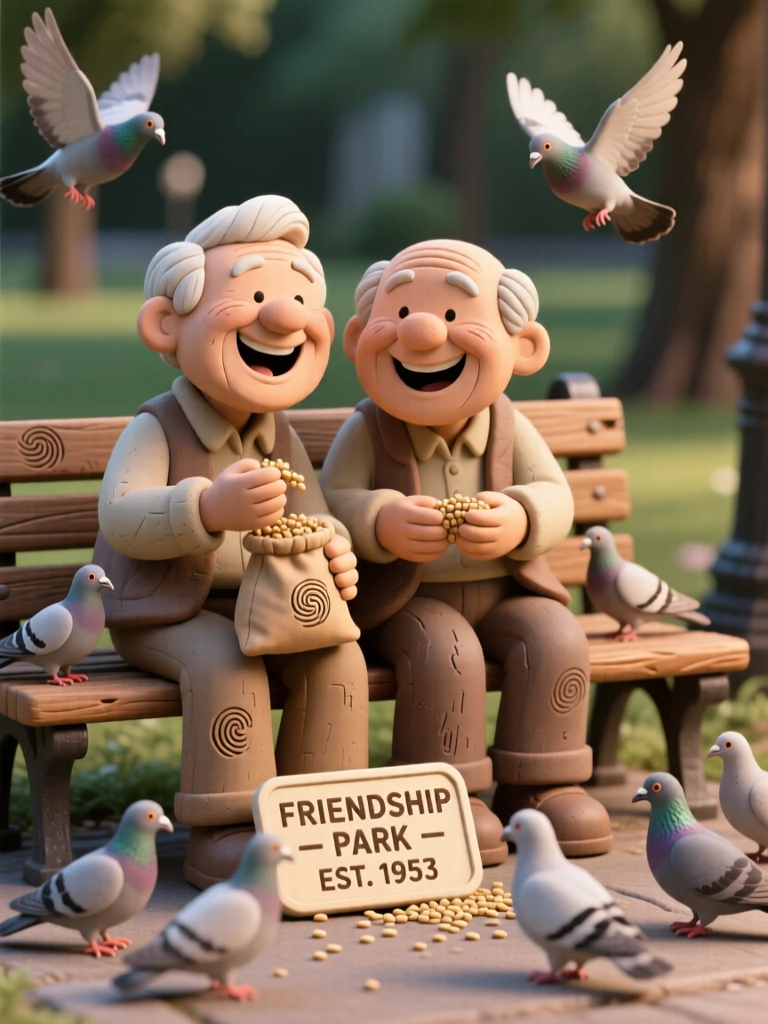 Two old friends laughing together on a park bench feeding pigeons