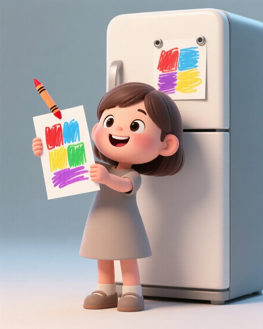 A young girl proudly holds up a crayon drawing covered in colorful scribbles, beaming at the refrigerator where it will hang.