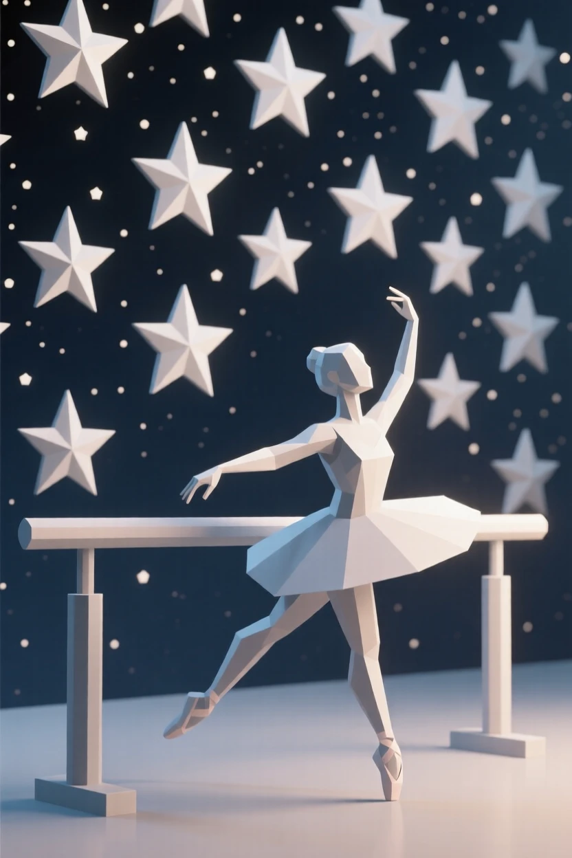 A ballerina practicing gracefully at a sunlit barre, beneath a sky full of stars. the framing emphasizes motion and energy. The atmosphere feels calm and reflective.