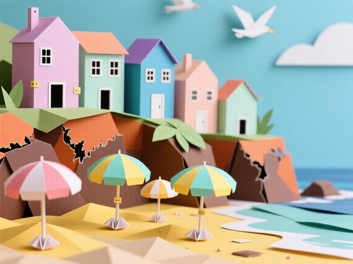 A colorful cliffside beach town with striped umbrellas dotting a golden sand shore, pastel buildings climbing the hill behind, evoking cheerful coastal vacation vibes.
