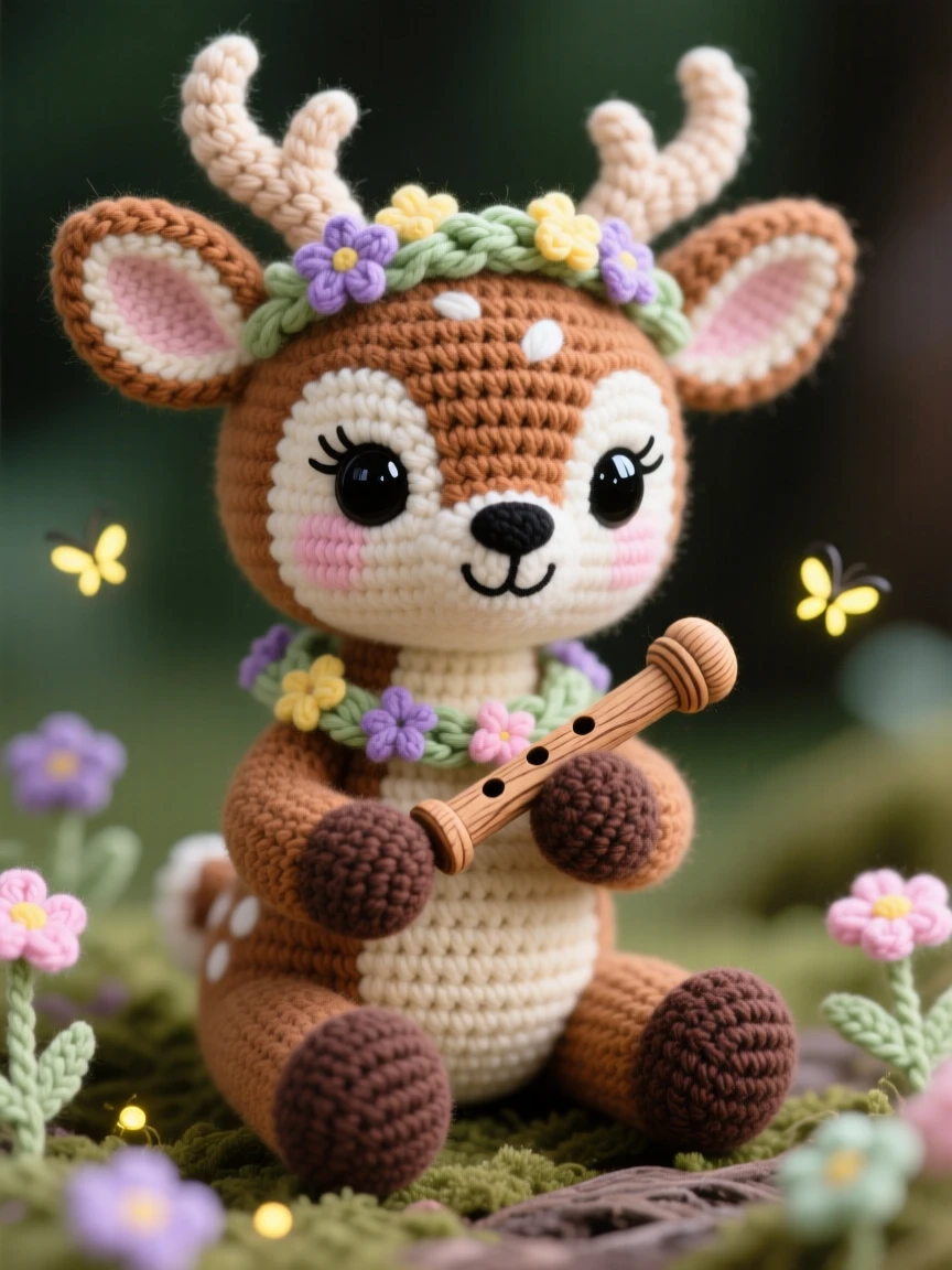 In a hidden glade lit by fireflies, a tiny woodland satyr fawn with small curled horns is captured playing a tiny wooden flute, surrounded by a garland of woven wildflowers, filled with a soft, comforting sense of belonging.