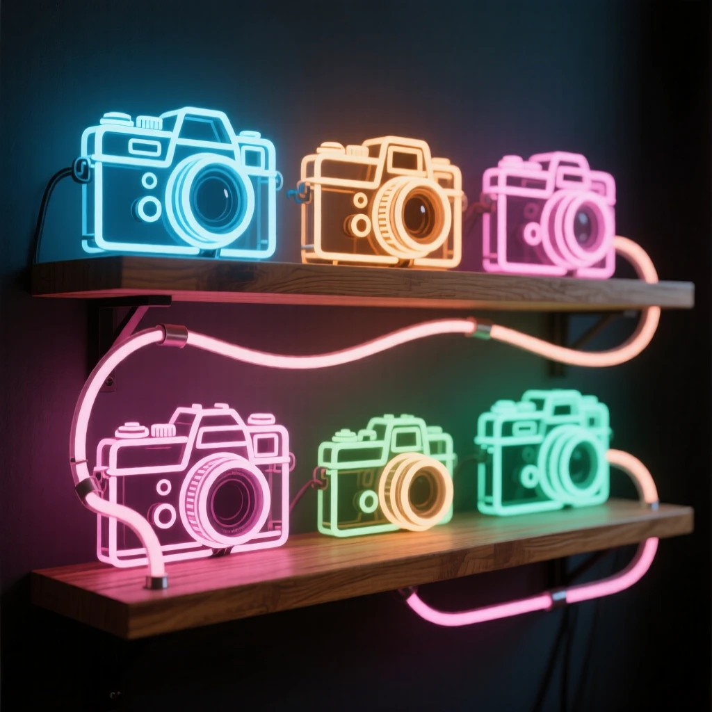 A collection of vintage cameras displayed on a wooden shelf.