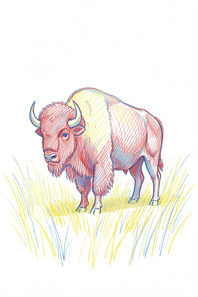 A majestic bison standing alone in a field of tall prairie grass