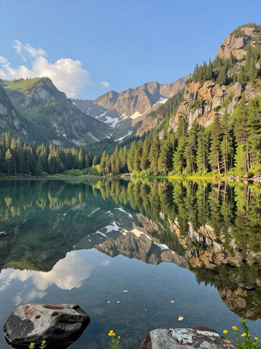 A tranquil lake perfectly mirroring surrounding mountains