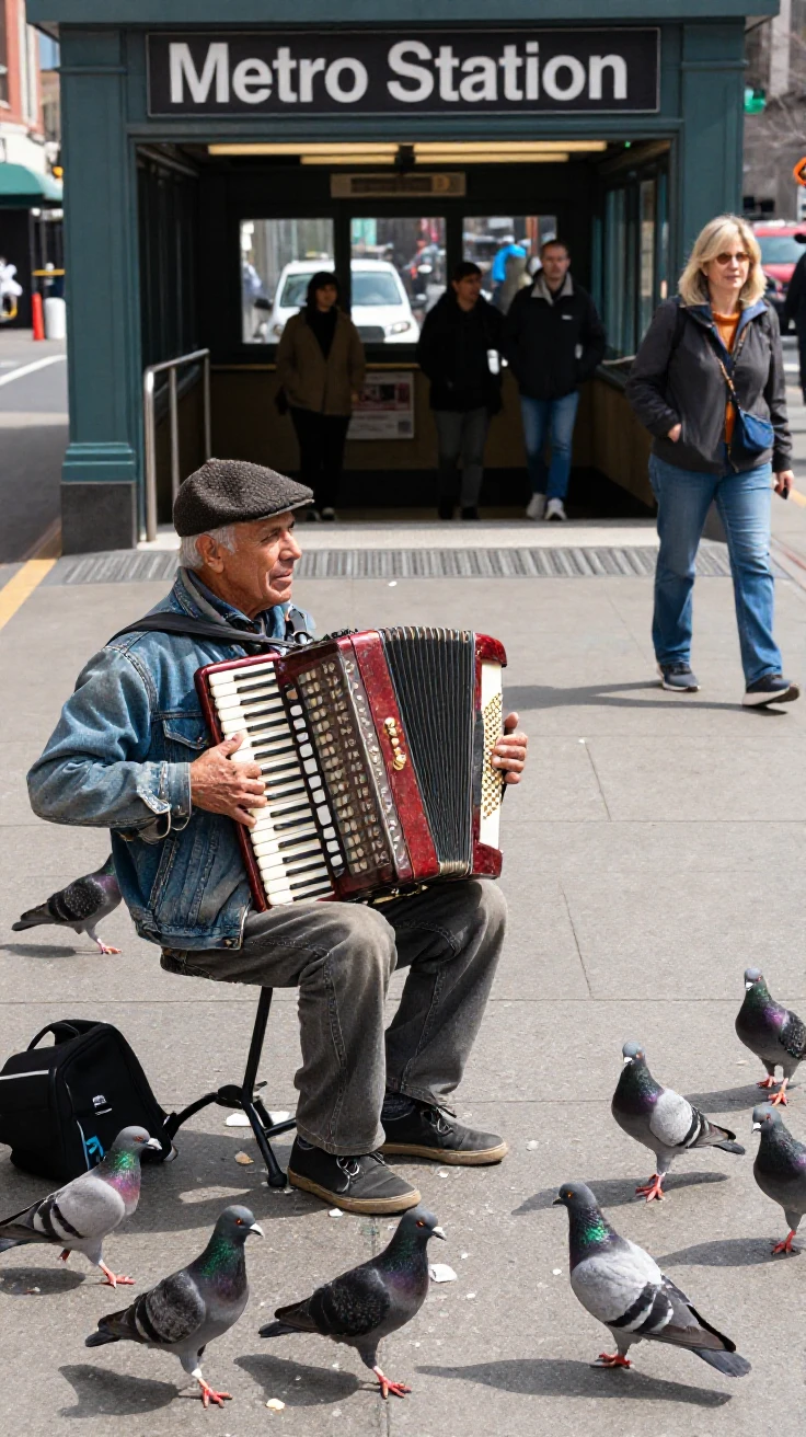 A busker plays accordion outside a metro station as pigeons peck nearby.