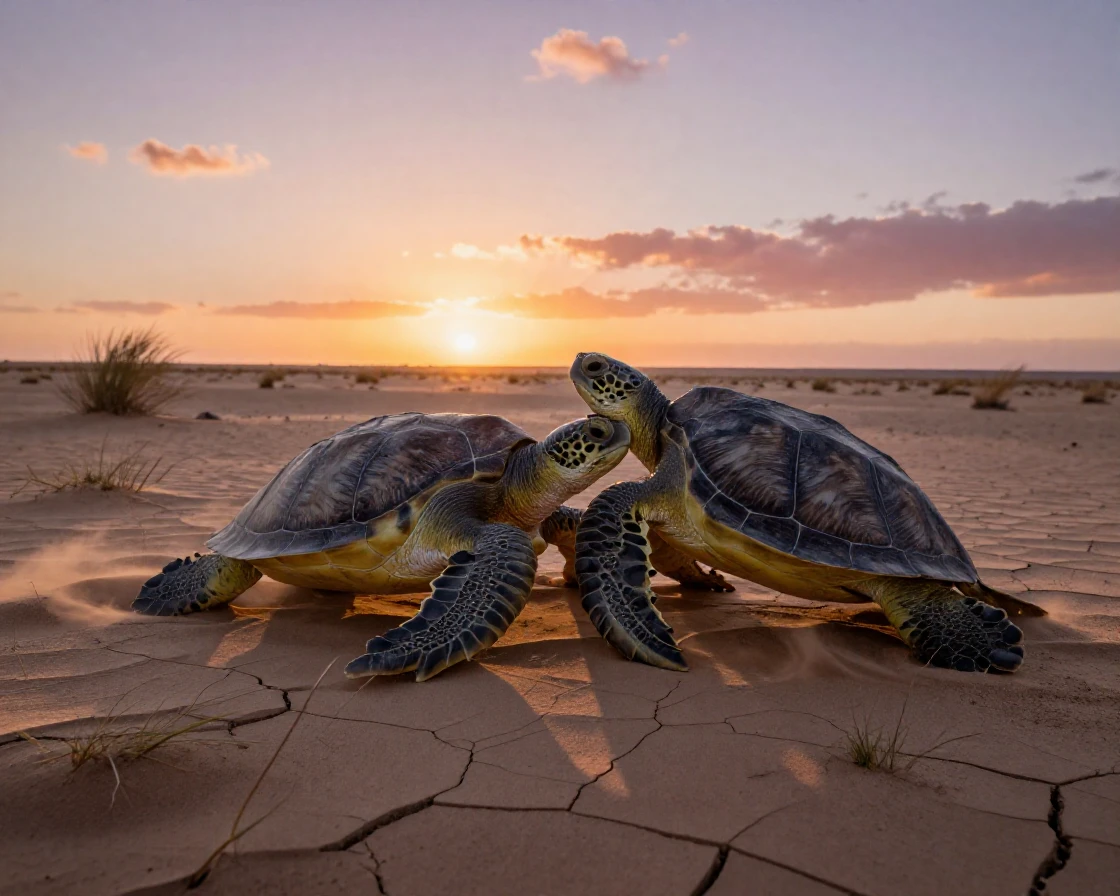 A sea turtle grooming one another with great care across a windswept desert plain as the day slowly fades