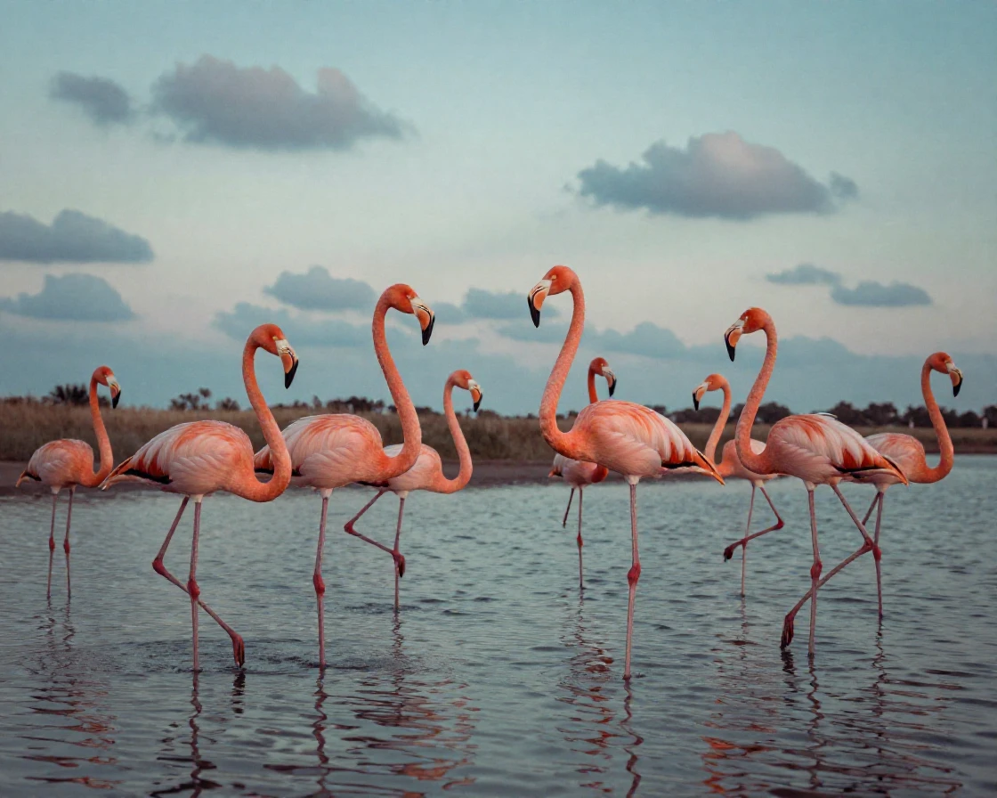 A flock of flamingos wading through shallow pink-tinged waters, in cool blue twilight, under scattered clouds, as summer fades into fall, in vivid coral and turquoise hues, at eye level, intimate and direct.