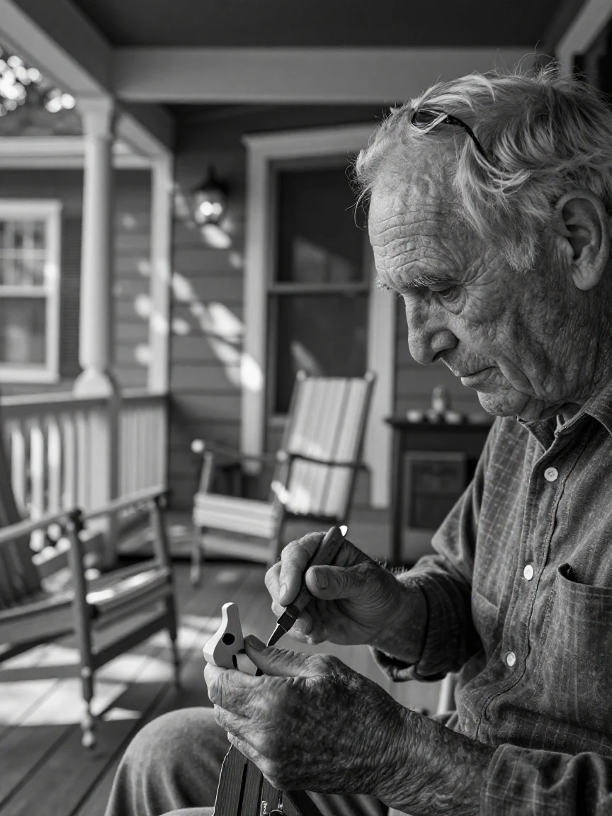 A grandfather whittles a small wooden toy on a shaded front porch.
