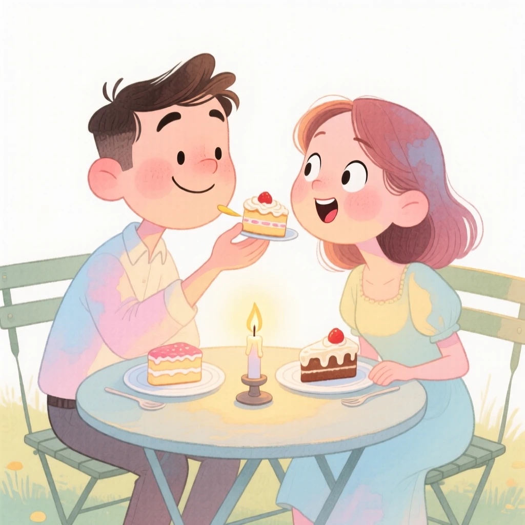 A couple on a countryside getaway feeding each other bites of dessert at a candlelit table