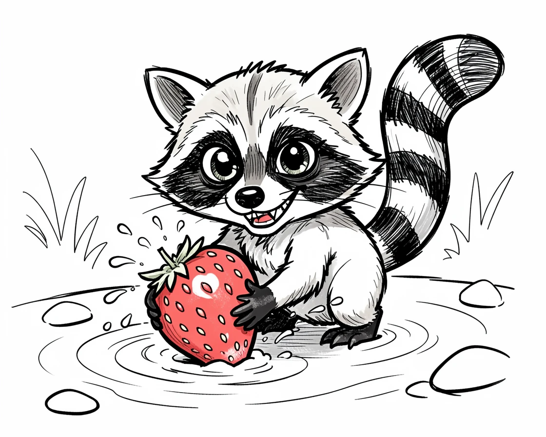 [Cute Animals & Pets] Adorable scene of a mischievous raccoon washing a strawberry in a stream, bursting with charm and playful energy