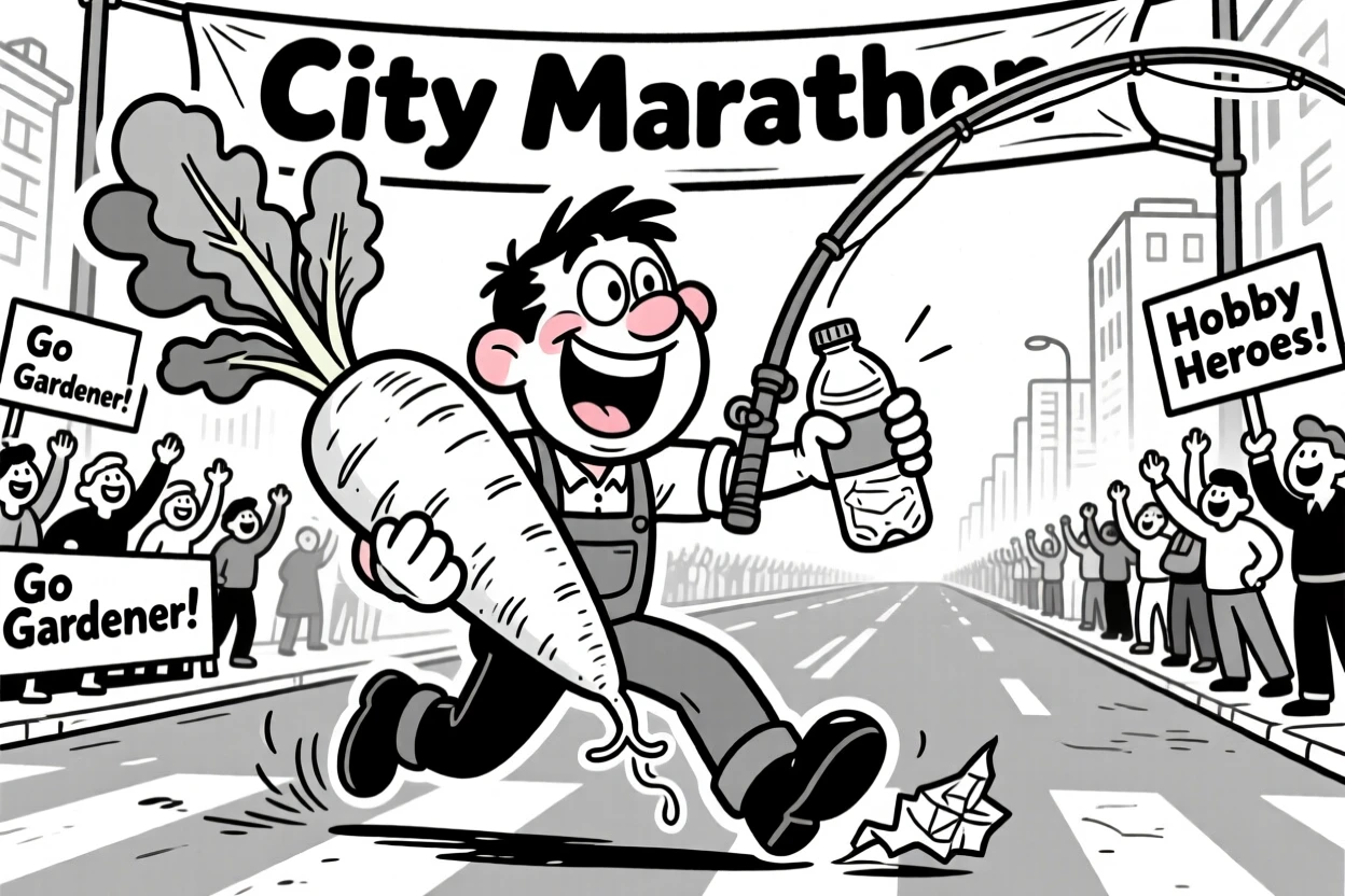 A gardener triumphantly holding a giant vegetable, getting yanked forward by the fishing rod, set on a city marathon route lined with cheering crowds. A water bottle is crushed flat from being gripped so hard. The image is a playful ode to hobbies people truly love.