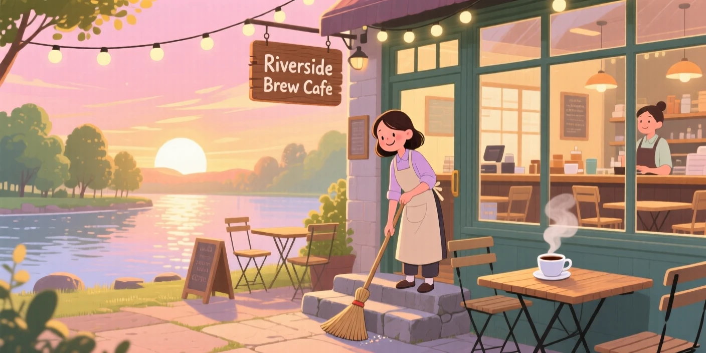 A barista steaming milk spends the morning sweeping the front steps at sunrise in a riverside café, while string lights twinkle overhead.