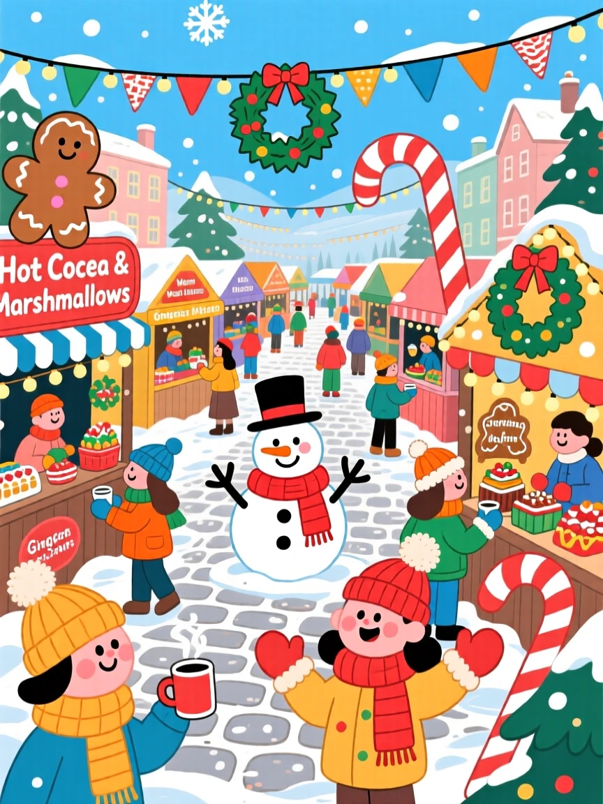 A market square filled with festive stalls during a winter fair.