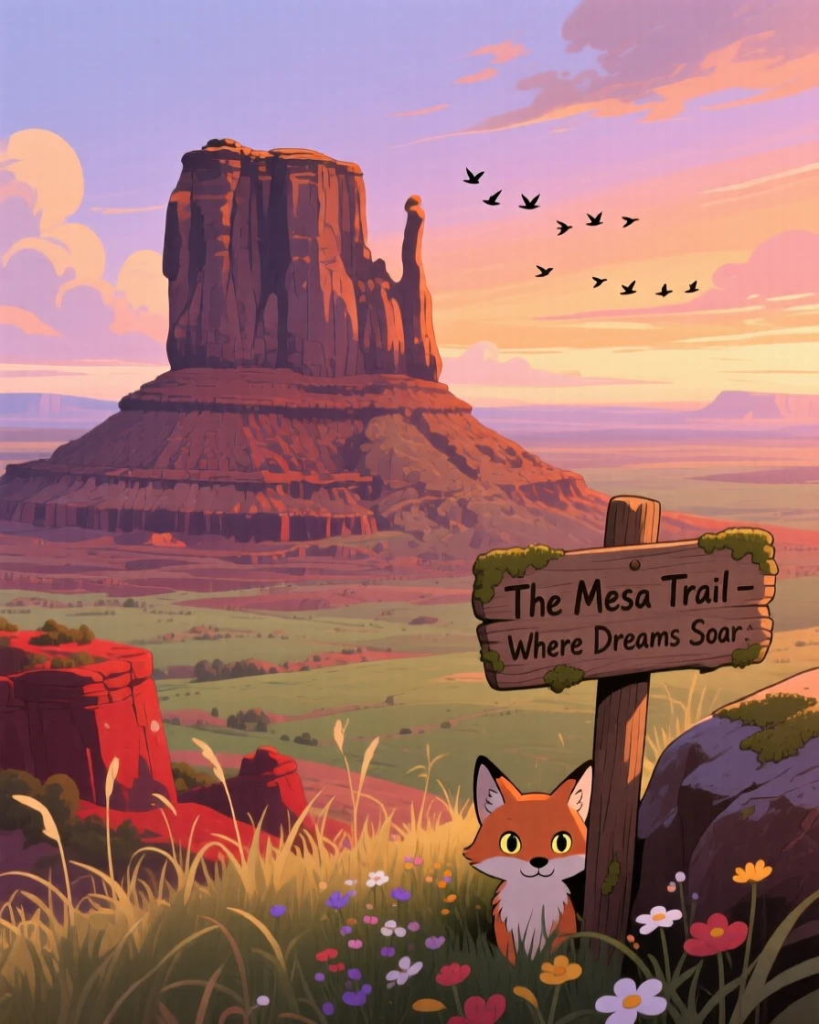 A breathtaking view of a dramatic mesa rising from flat plains, with a distant flock of birds crossing the sky, at dusk, viewed from a high vantage point.