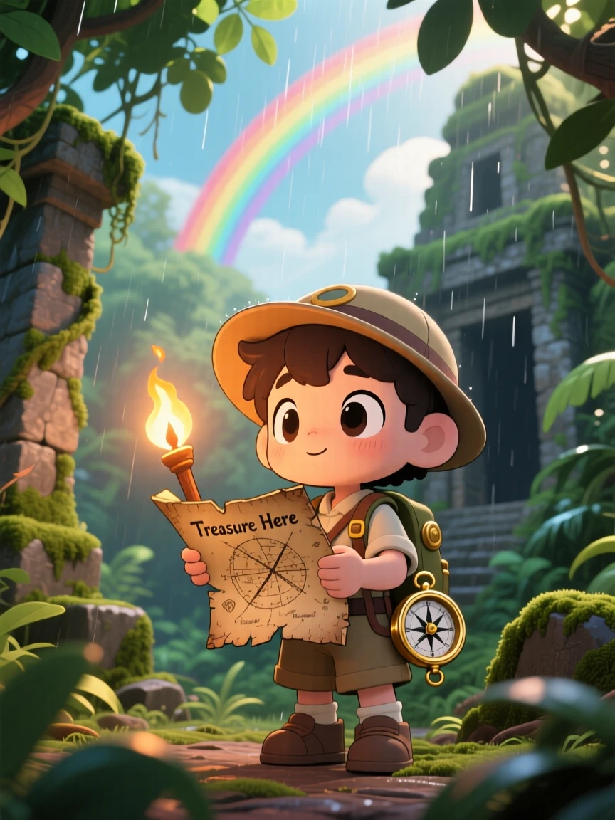 Three-quarter view: a young explorer with a compass, studying an old treasure map by torchlight, set against a jungle temple ruin under a rainbow after the rain, with warm morning light filtering through leaves and a mood of shy bashfulness.