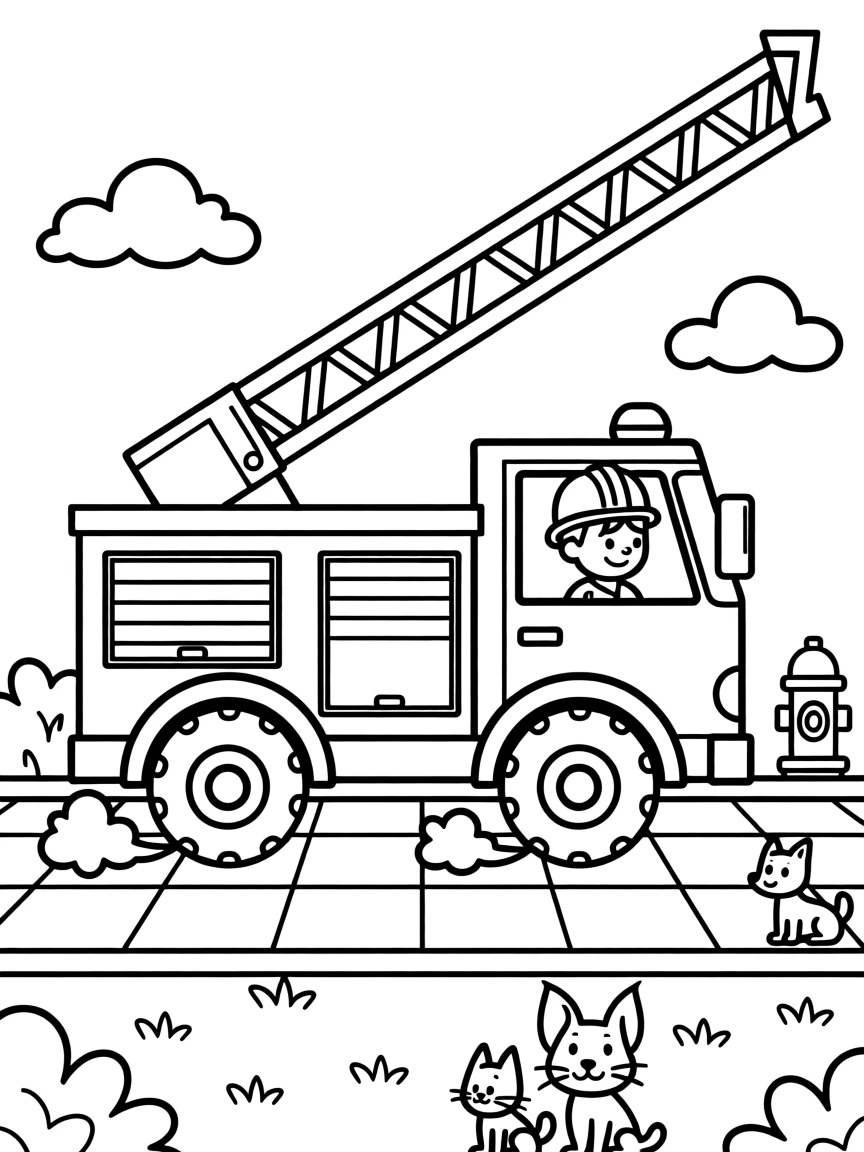 A fire truck racing to help with ladders extended