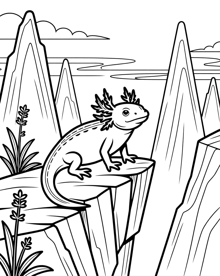 An axolotl perched on a jagged cliff at sunset, framed by jagged rock formations.
