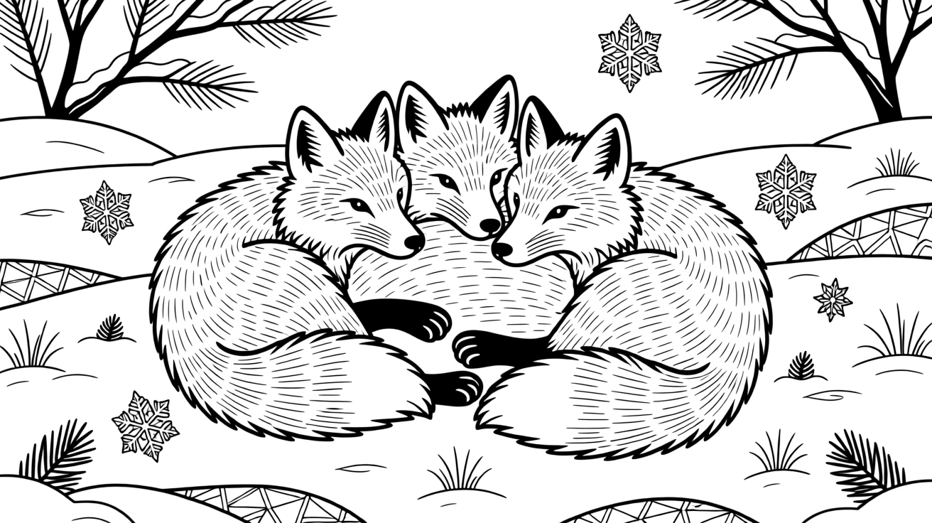 A pack of arctic foxes curled together in the snow.