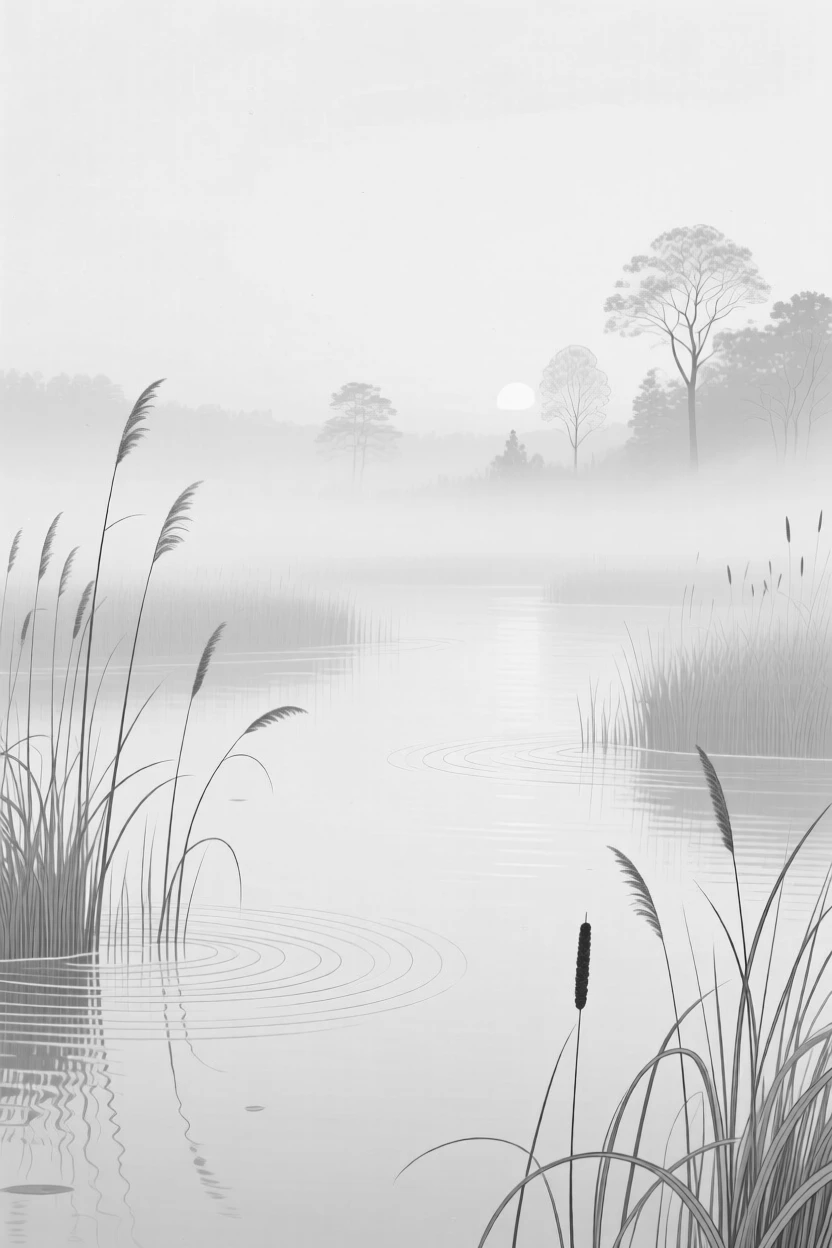 A quiet marsh at dawn with mist rising from the water