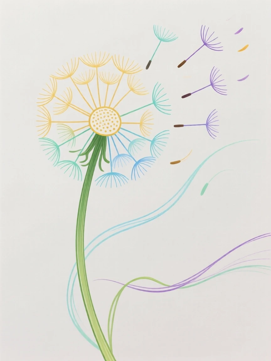 A single dandelion seed head about to scatter in the wind.
