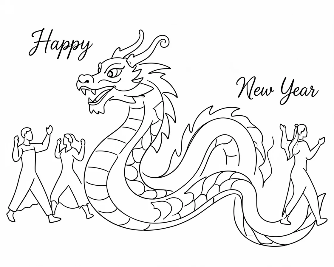 A Lunar New Year parade with a colorful dragon dance winding through the street