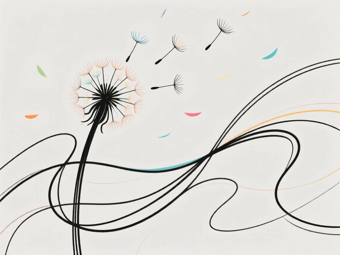 A single dandelion releasing its seeds into a gentle breeze.