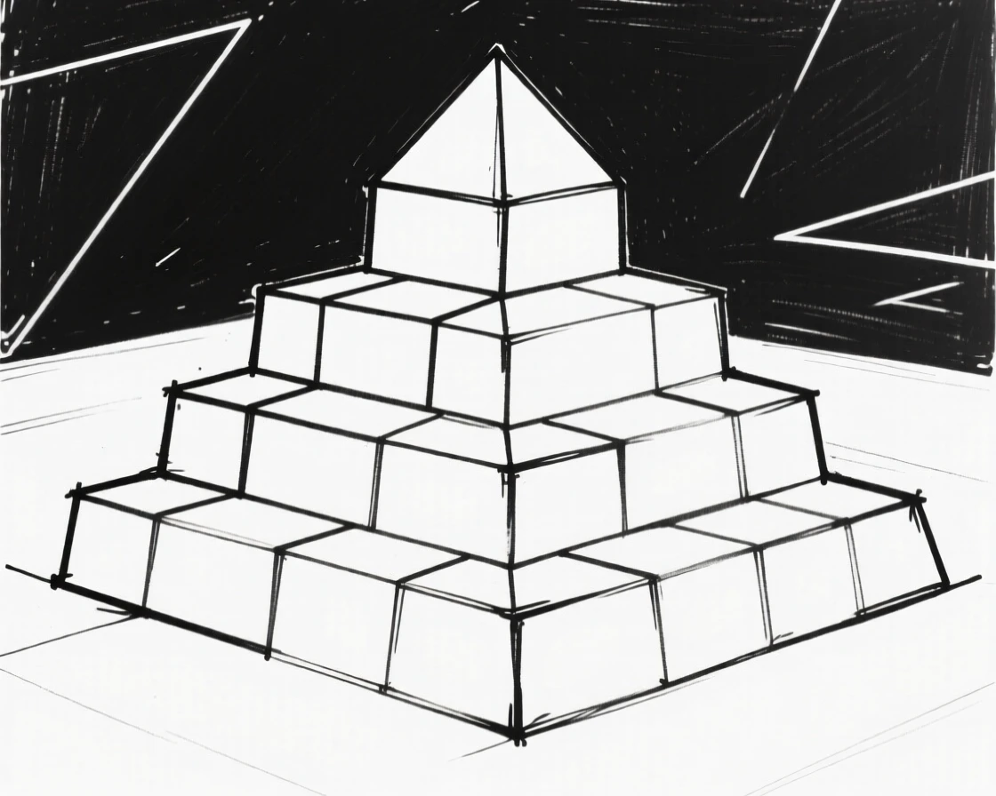 A pyramid formed from stacked geometric blocks