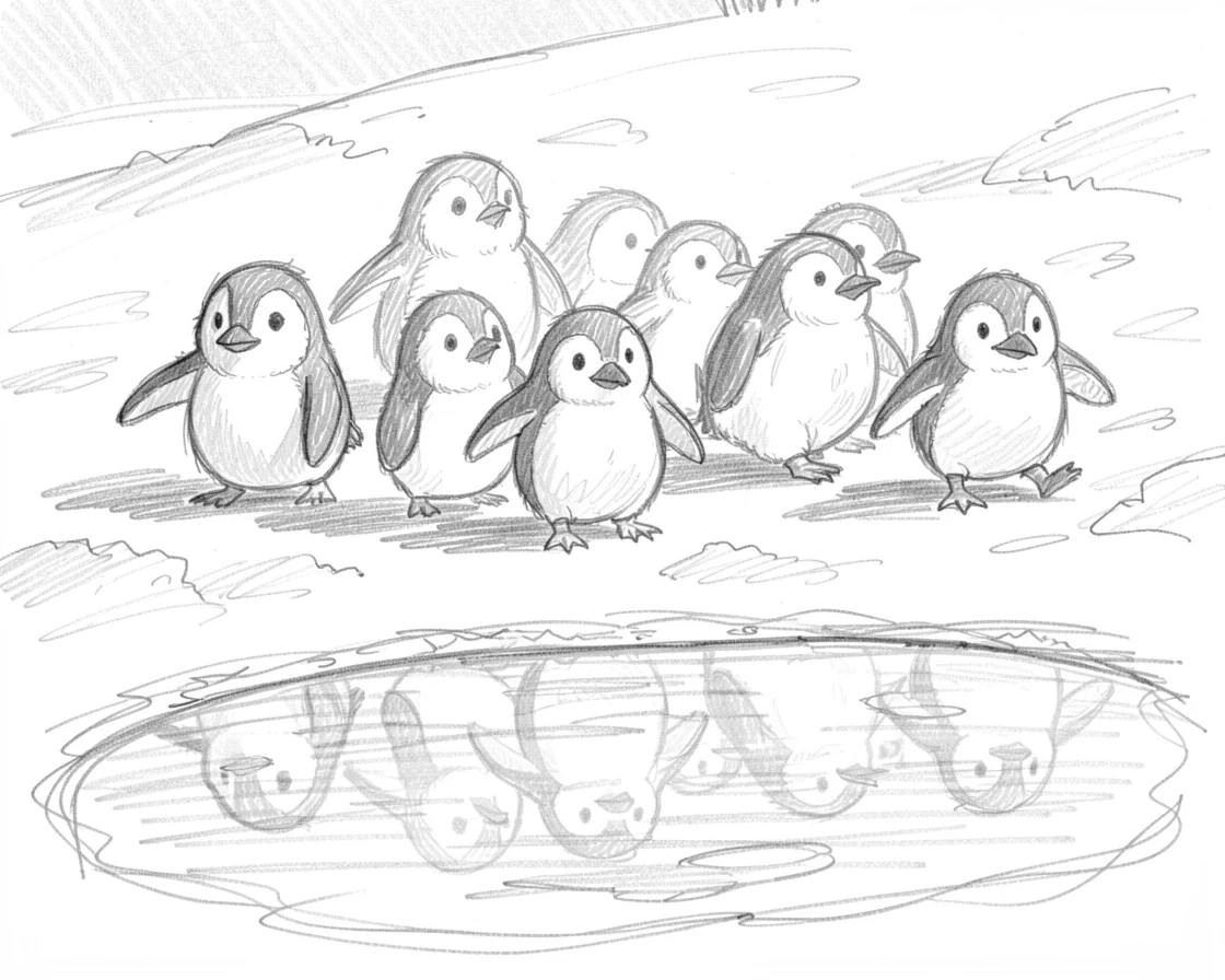 An adorable close-up of a group of penguin chicks running joyfully across a snowy field, with its reflection shimmering in a pond.