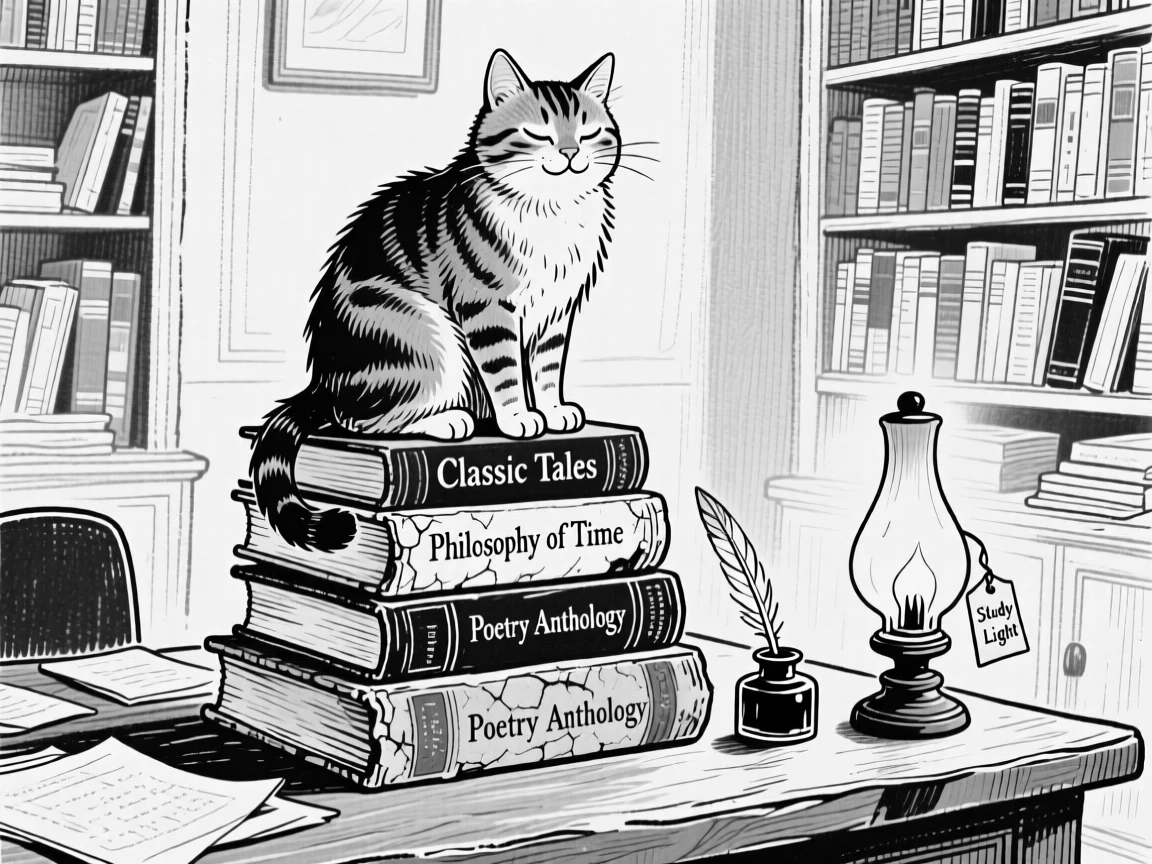 A cat sitting contentedly on a stack of old books in a study.