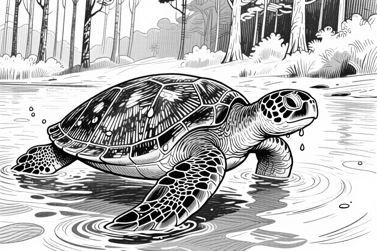A sea turtle gliding through water at the edge of a quiet forest, with droplets of water clinging to its coat, capturing a playful and lighthearted moment in nature with a strong, centered focal point.