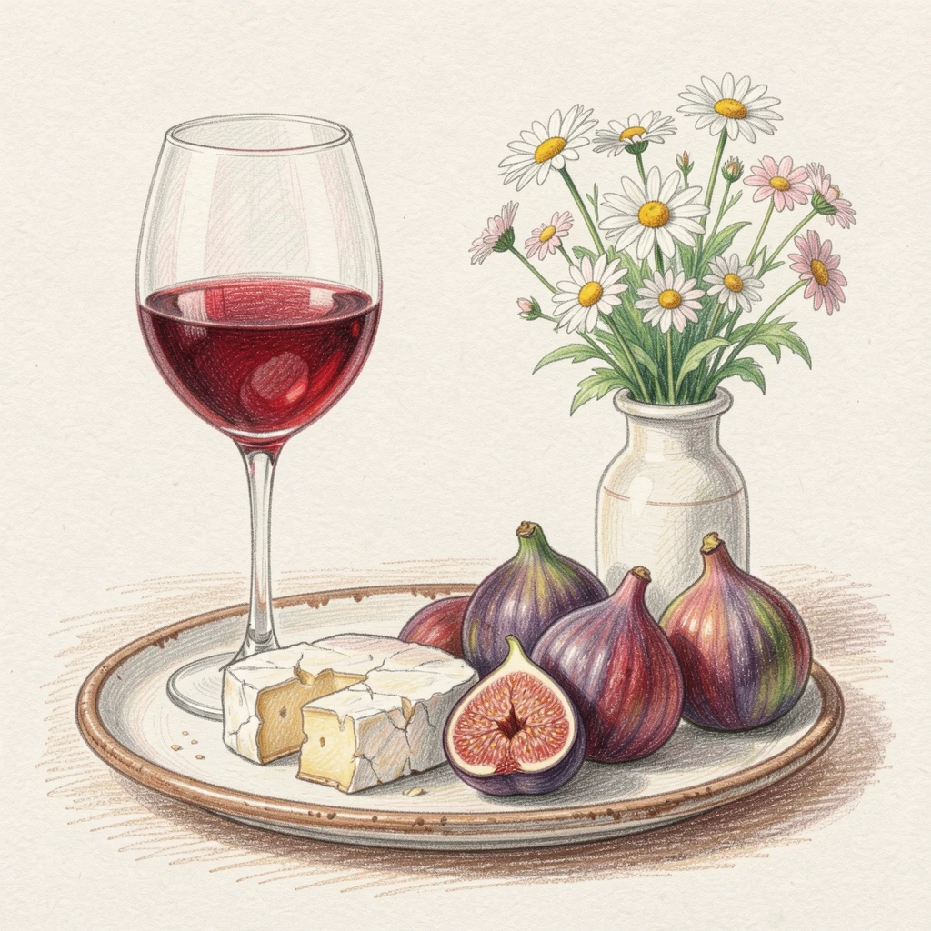 A glass of red wine beside a plate of aged cheese and figs, set beside a small vase of fresh flowers, evoking comfort, warmth, and the simple pleasure of good food.