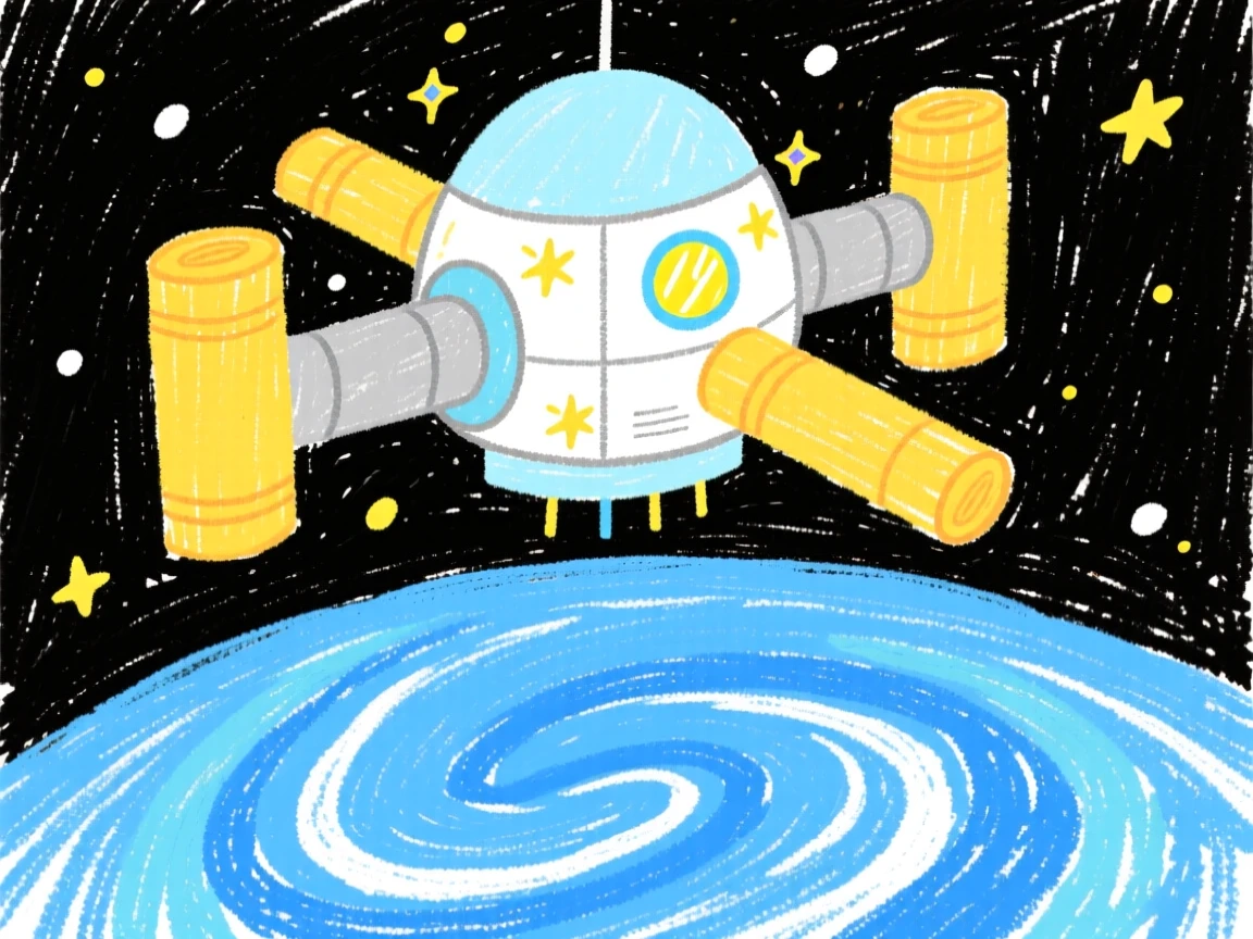 A space station orbiting quietly above a swirling blue planet.