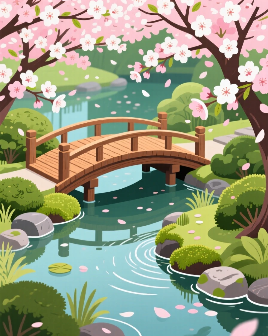 A tranquil Japanese garden with a curved wooden bridge, beneath a canopy of blooming branches, shown from an elevated viewpoint overlooking the scene, with a fresh, crisp clarity that highlights every detail.