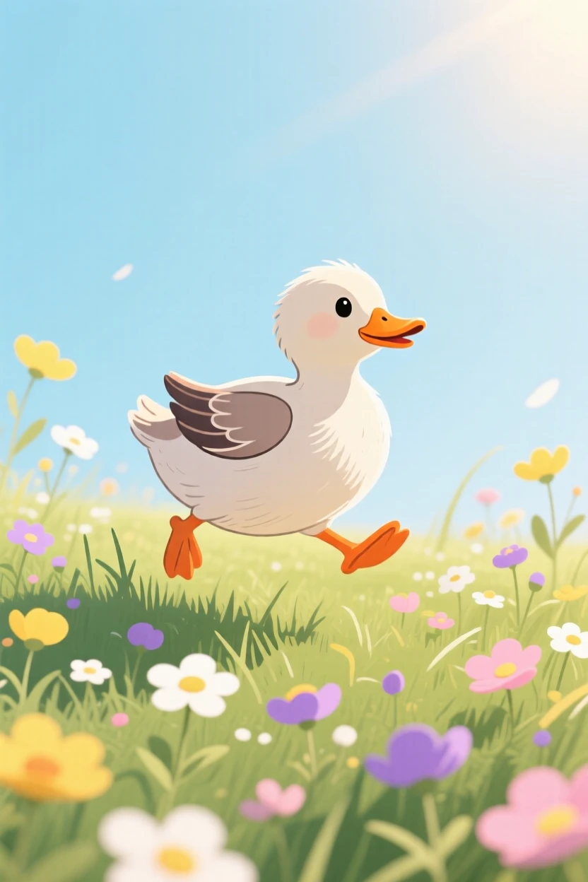 A playful duckling hopping through wildflowers in a sunny meadow.