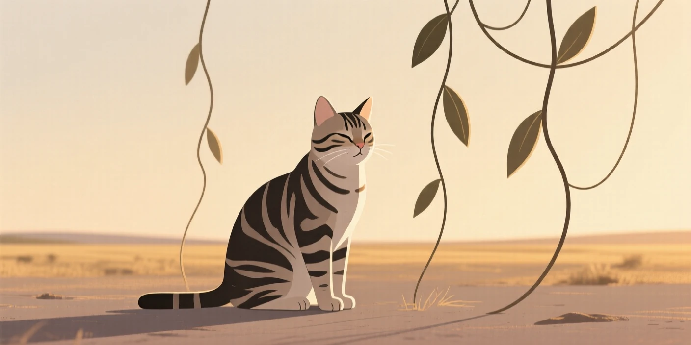 A tabby cat settling in as the light fades in a savanna at golden hour, near hanging vines, giving off a sense of quiet tenderness.