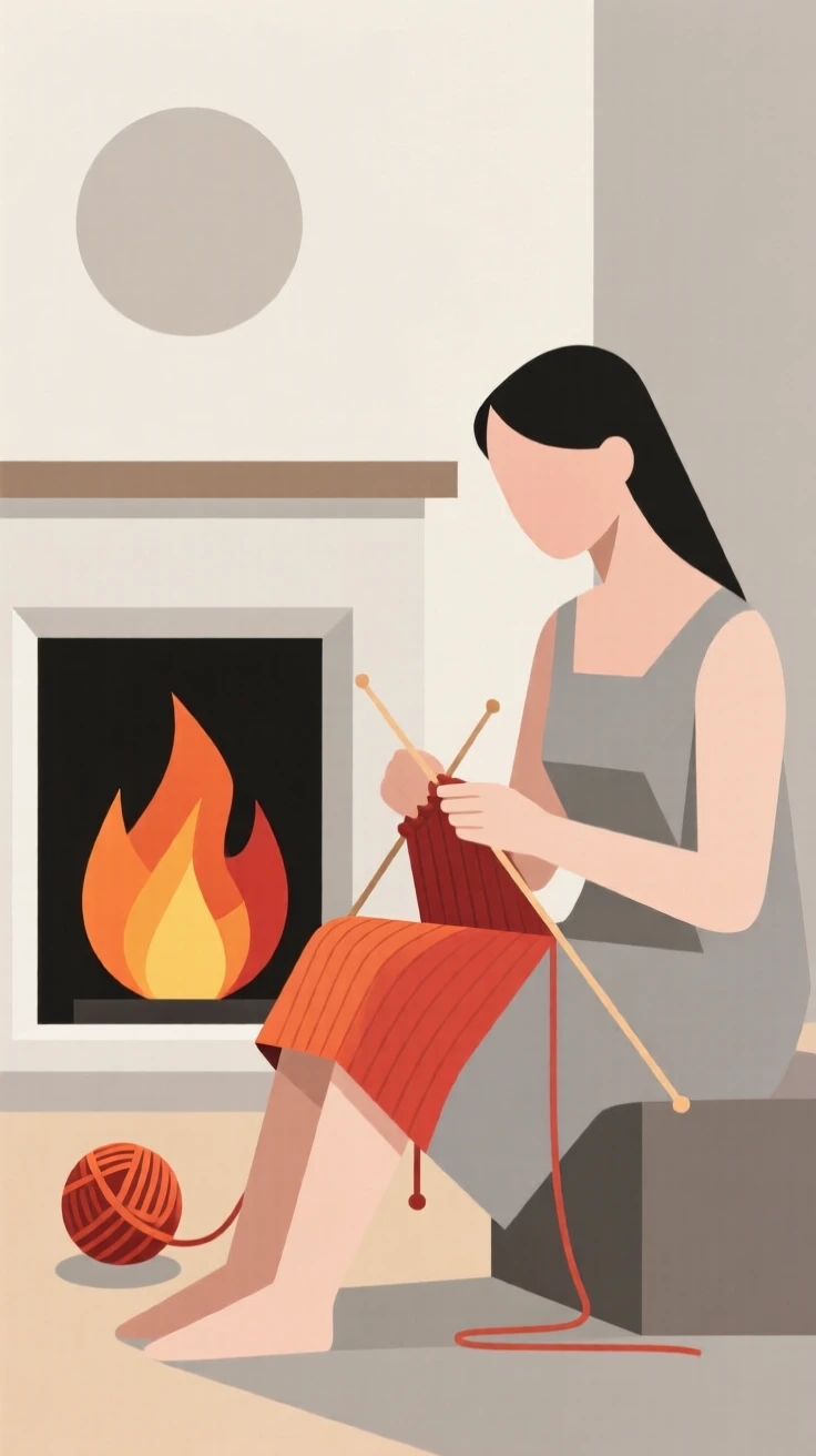 A woman knitting by a warm fireplace