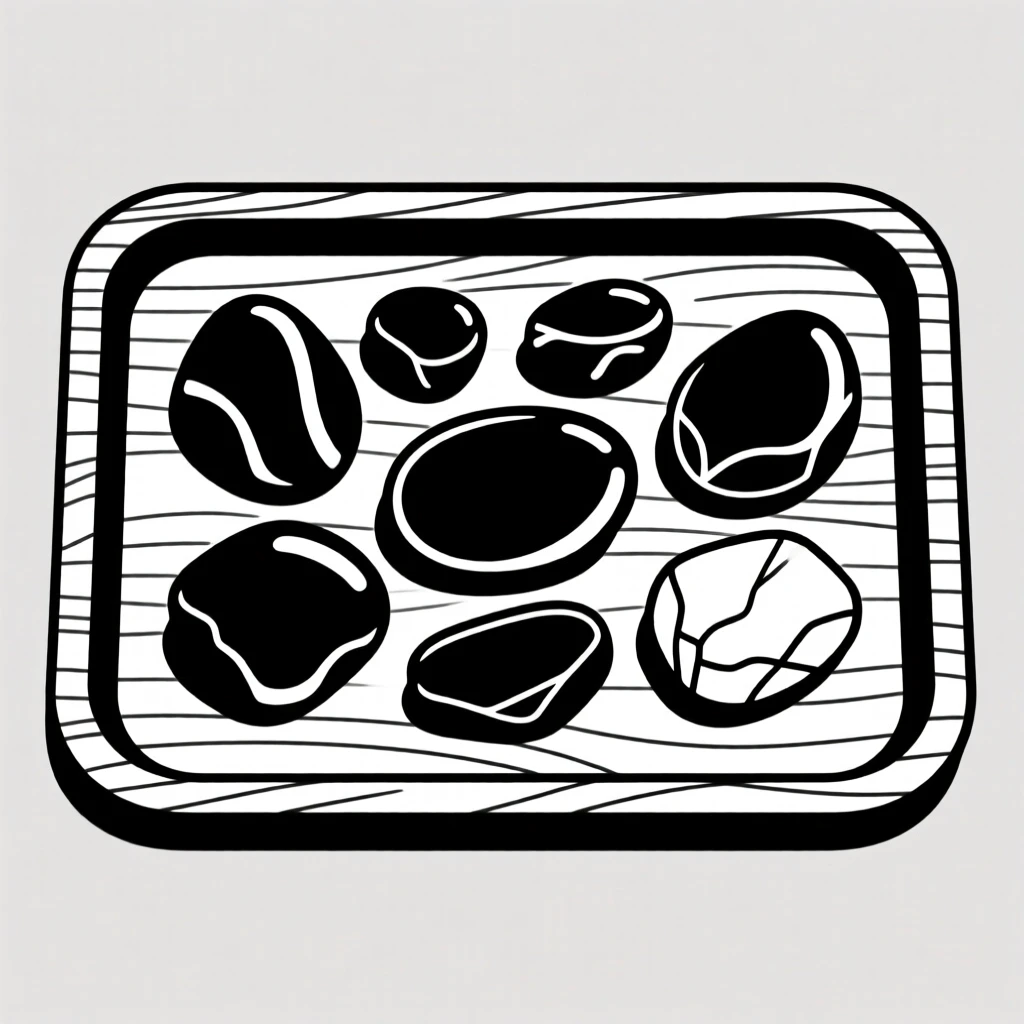 A collection of polished stones on a wooden tray.