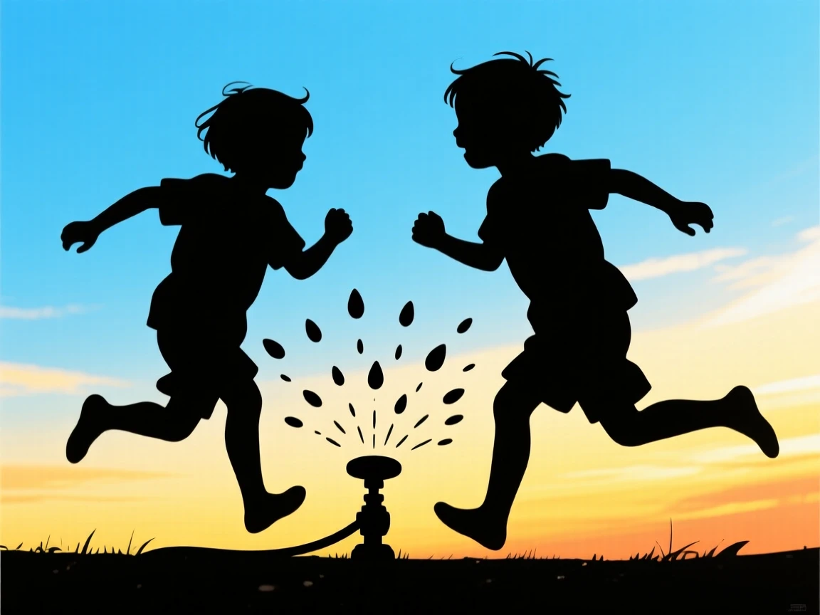 Two children running through a sprinkler on a summer afternoon, arms outstretched.