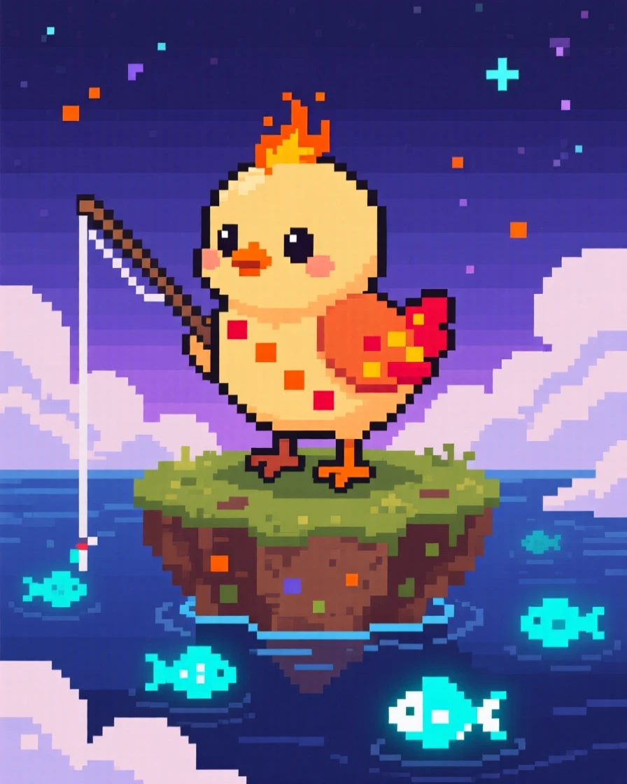 A phoenix chick with tiny embers for feathers fishing for glowing river fish at twilight, atop a floating island surrounded by clouds.