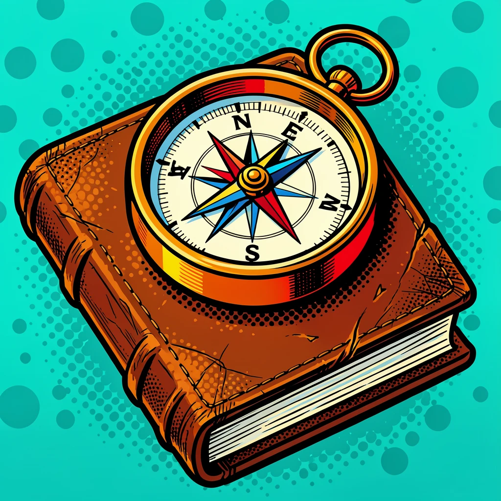 A compass resting atop a weathered leather-bound journal