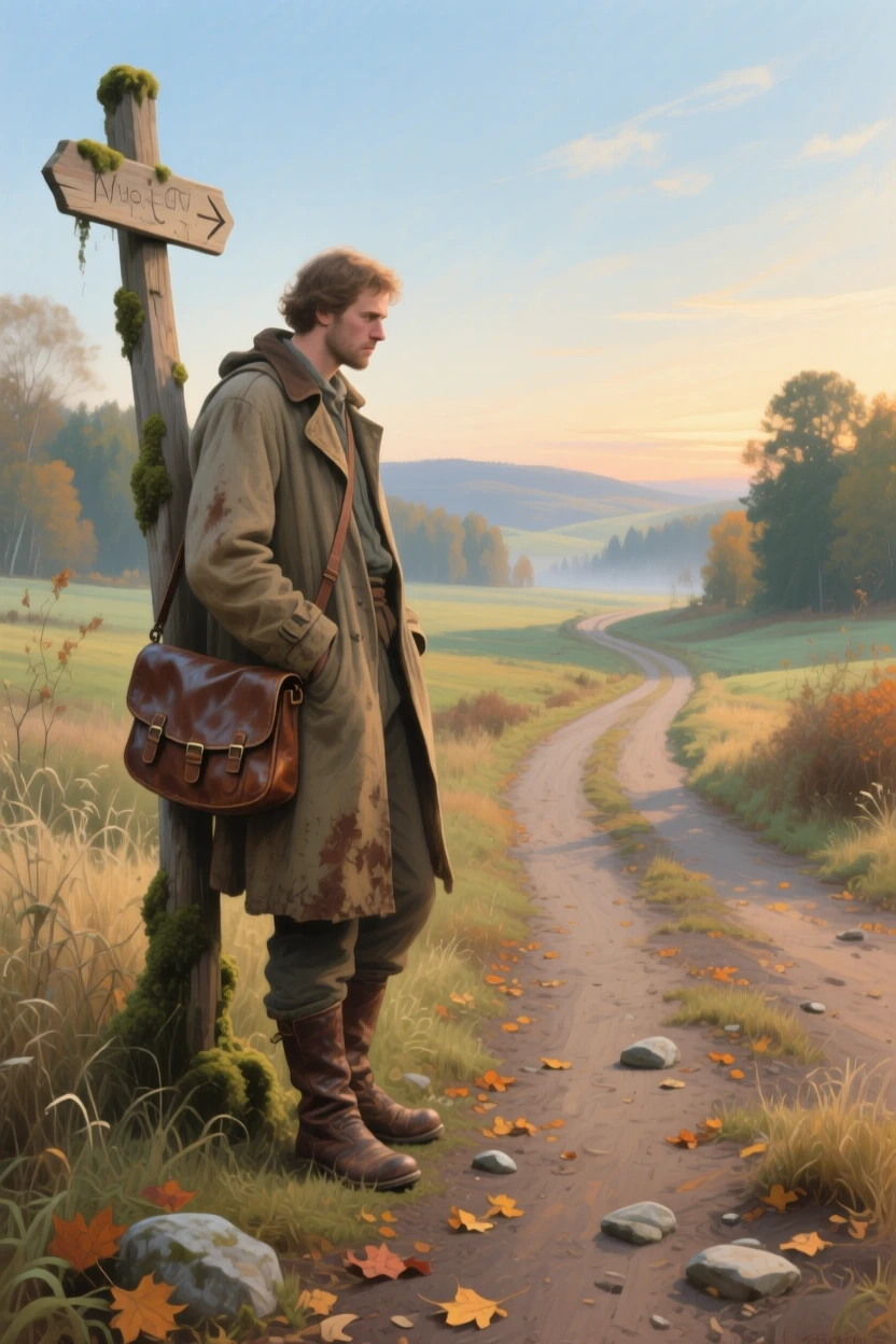 A detailed close shot of a traveler pausing at a crossroads, torn between two paths, just after sunrise, under a clear blue sky.