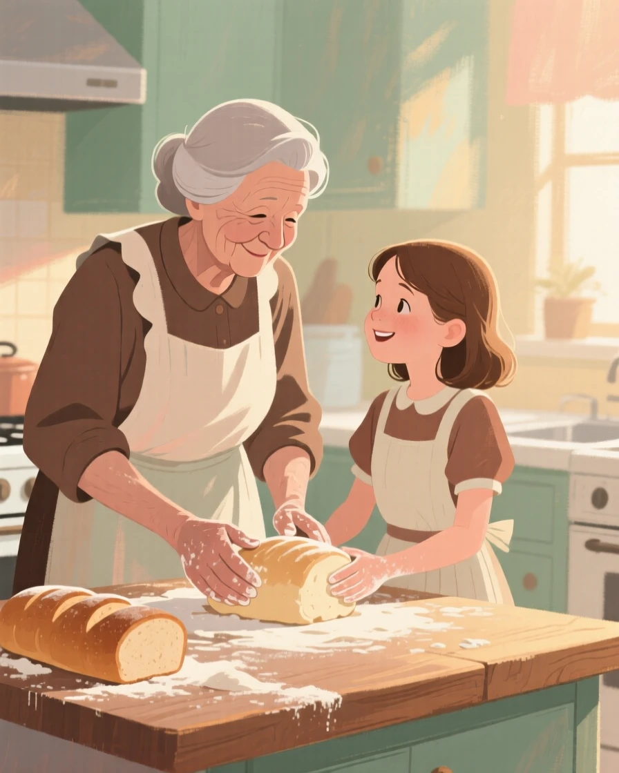 A grandmother teaching her granddaughter to bake bread in the kitchen