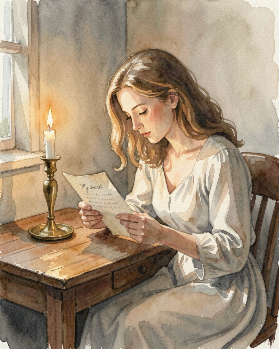 A woman reading a letter by candlelight in a peaceful, unhurried moment.