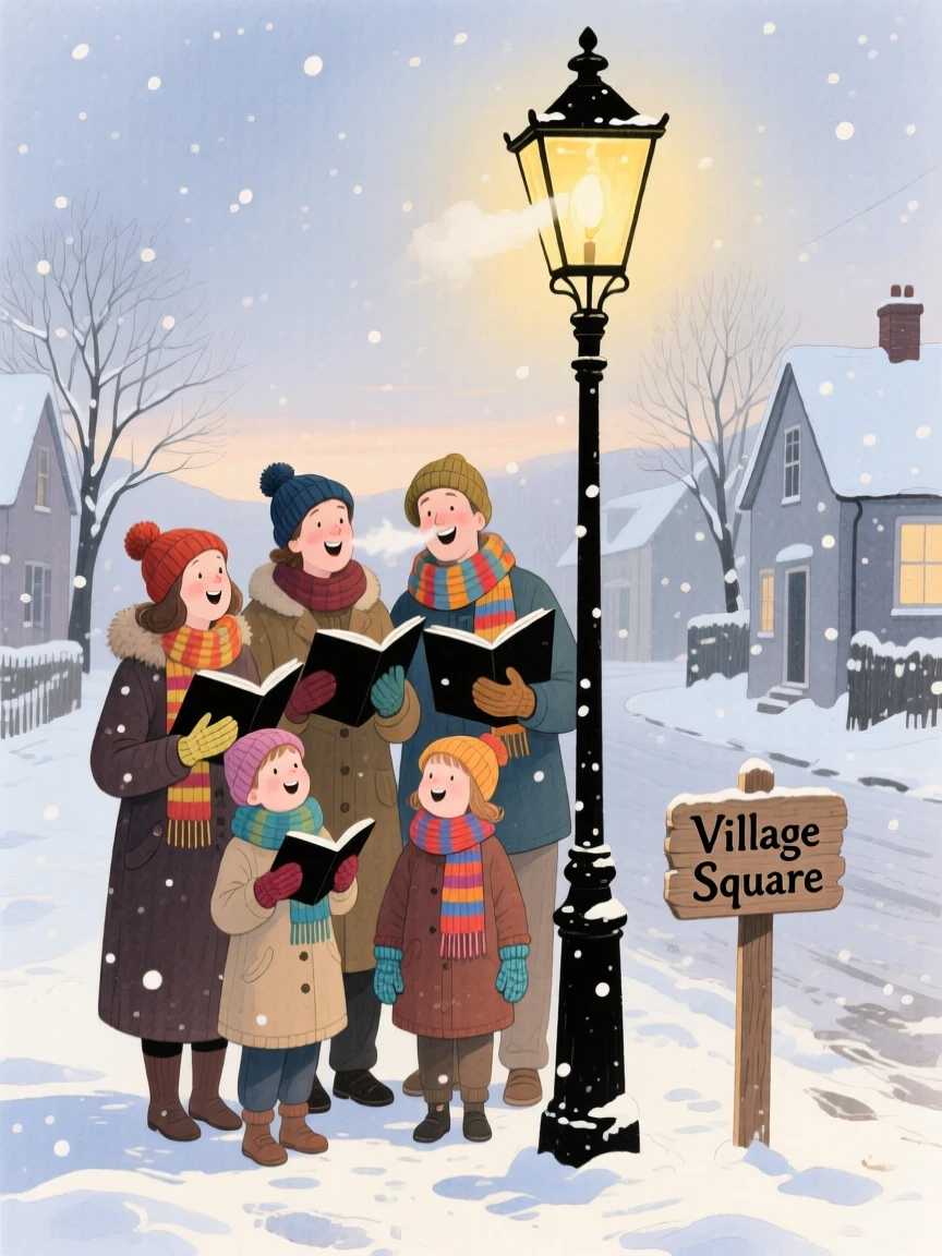 A group of carolers in scarves and mittens sing beneath a lamppost on a snowy village street