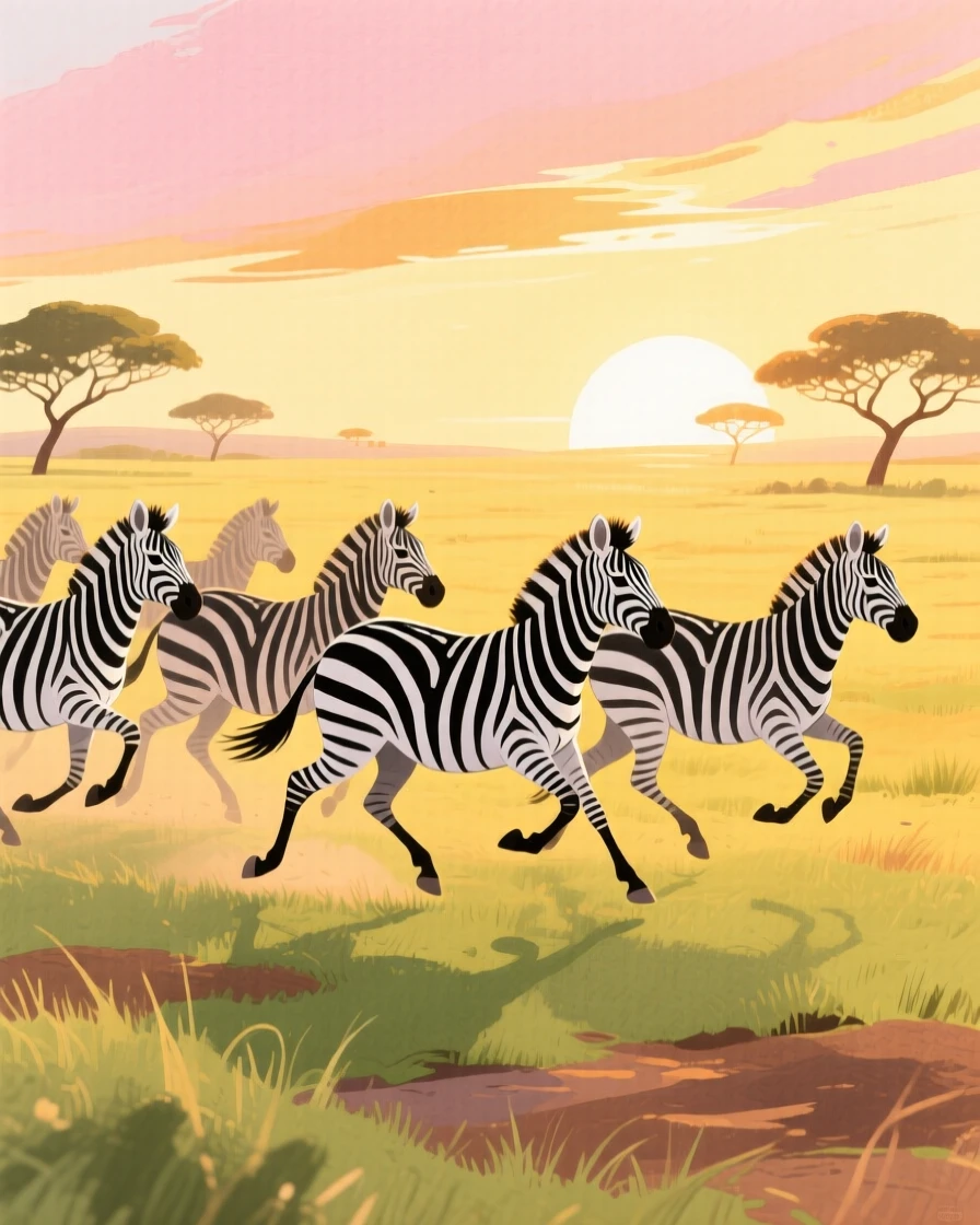 An exciting view of a zebra herd galloping across the savanna at dawn.