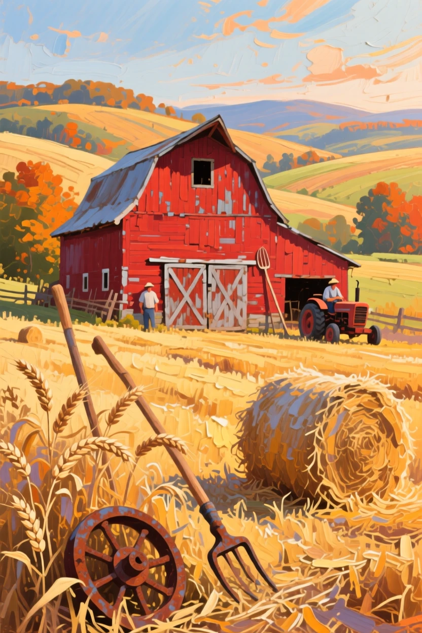 a red barn beyond rolling hay fields, during harvest season, with a clear foreground, subject, and distant setting.